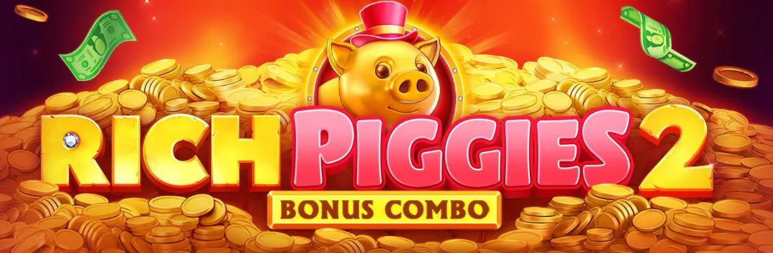 Rich Piggies 2: Bonus Combo key art with a golden piggy bank in a red top hat sitting on a mound of gold coins