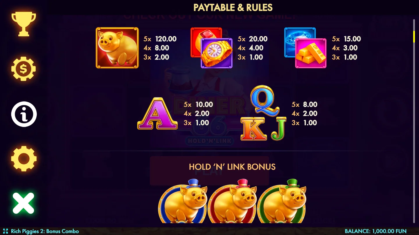 The in-game paytable screen of Rich Piggies 2: Bonus Combo listing the golden pig, ruby ring, gold watch, diamond and gold bar payouts