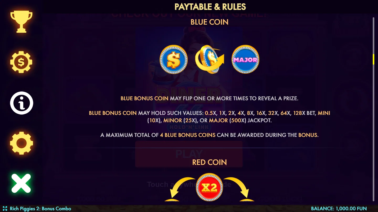 The Rich Piggies 2: Bonus Combo rules screen explaining how the Blue Coin flips to reveal its prize