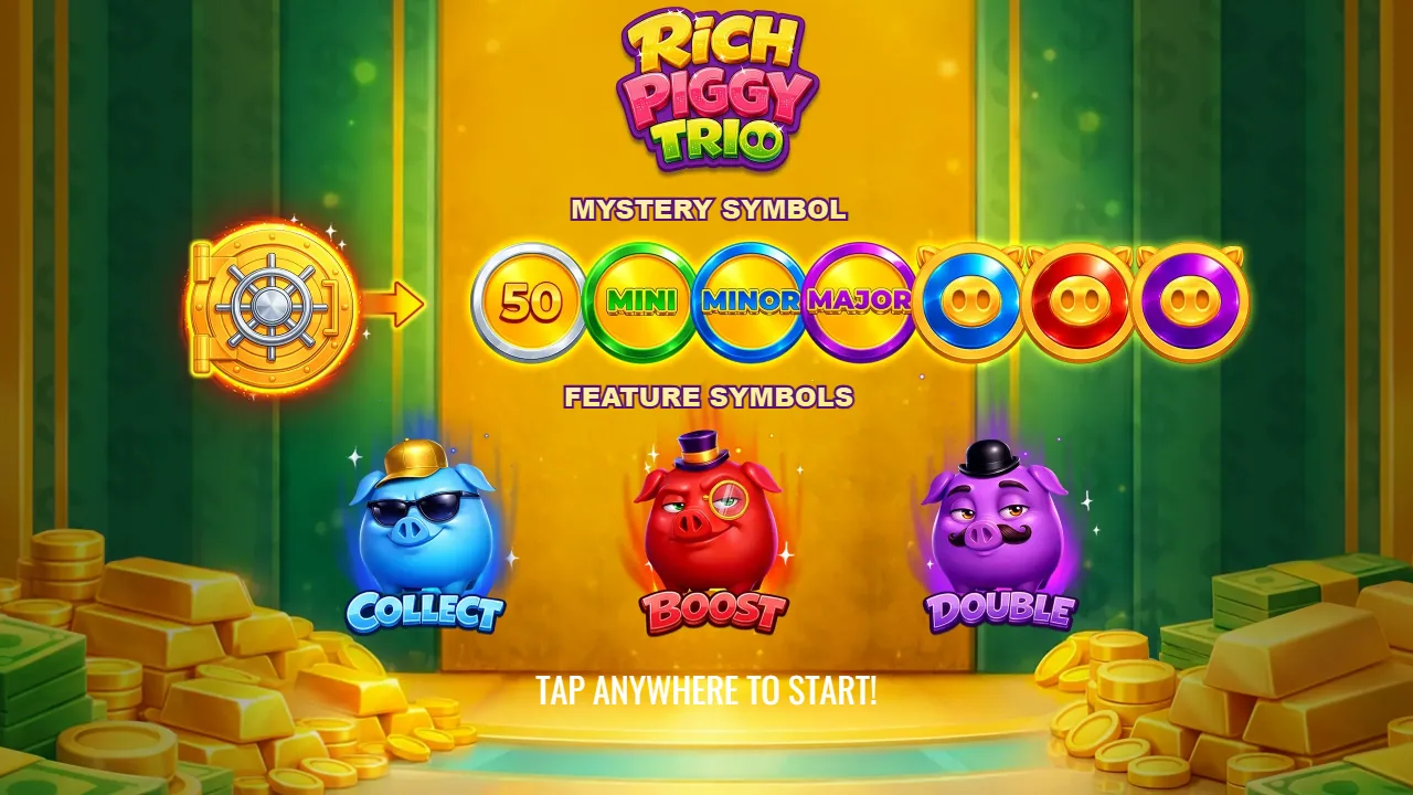 Rich Piggy Trio start screen showing the mystery symbol row and the blue Collect, red Boost and purple Double pigs