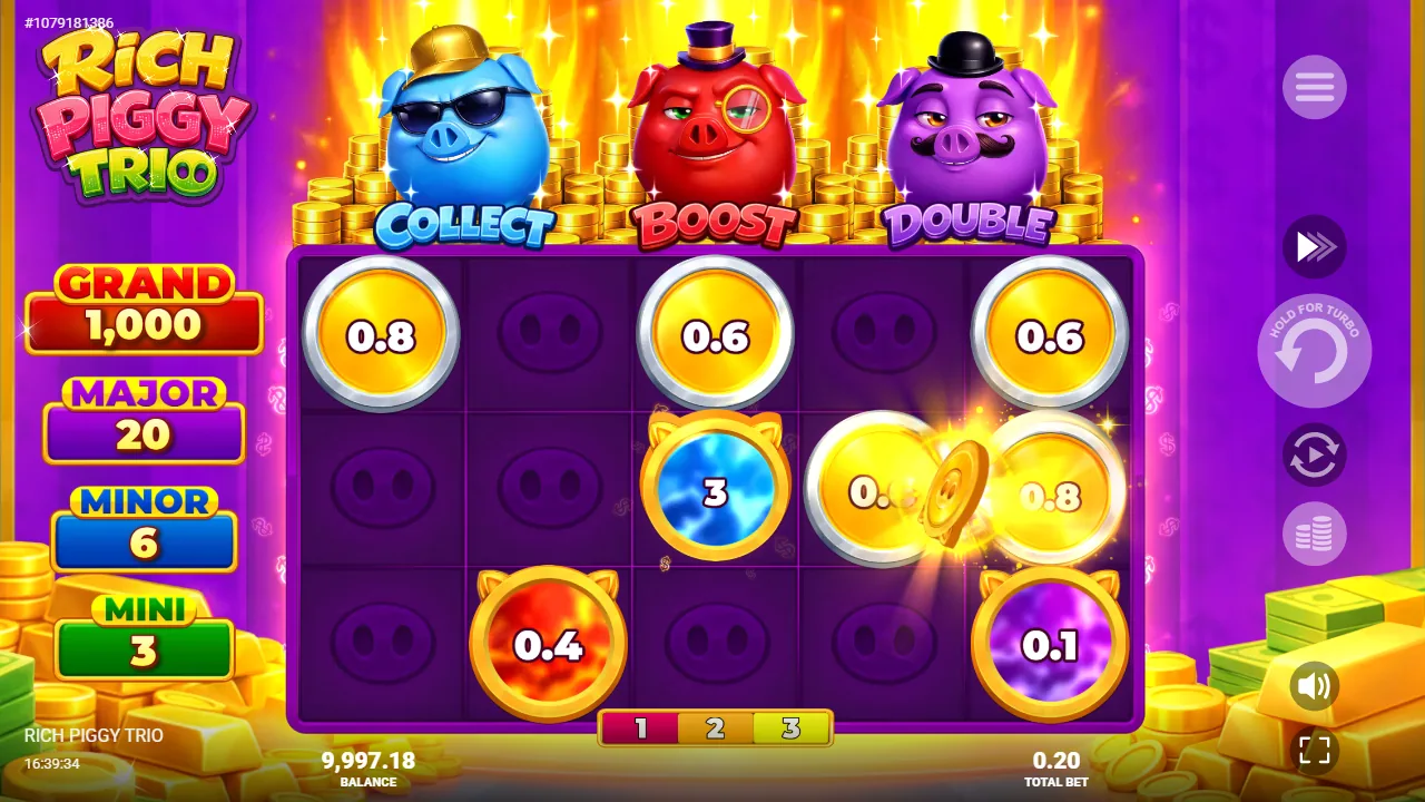 Rich Piggy Trio respins board with sticky coins and a blue Collect pig holding the Mini Jackpot at a total bet of 0.20