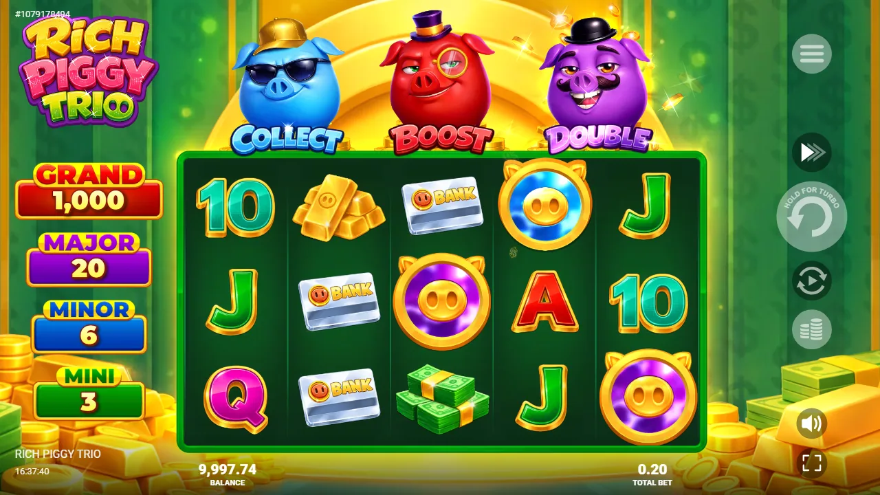 Rich Piggy Trio base game board with the GRAND, MAJOR, MINOR and MINI jackpot ladder down the left rail