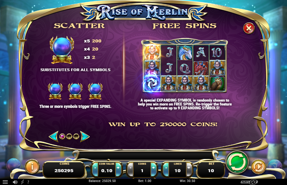 Rise of Merlin free spins with the expanding special symbol