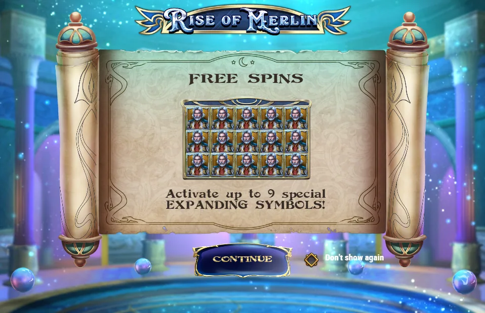 Startskärm i Rise of Merlin med free spins och upp till nio expanderande symboler