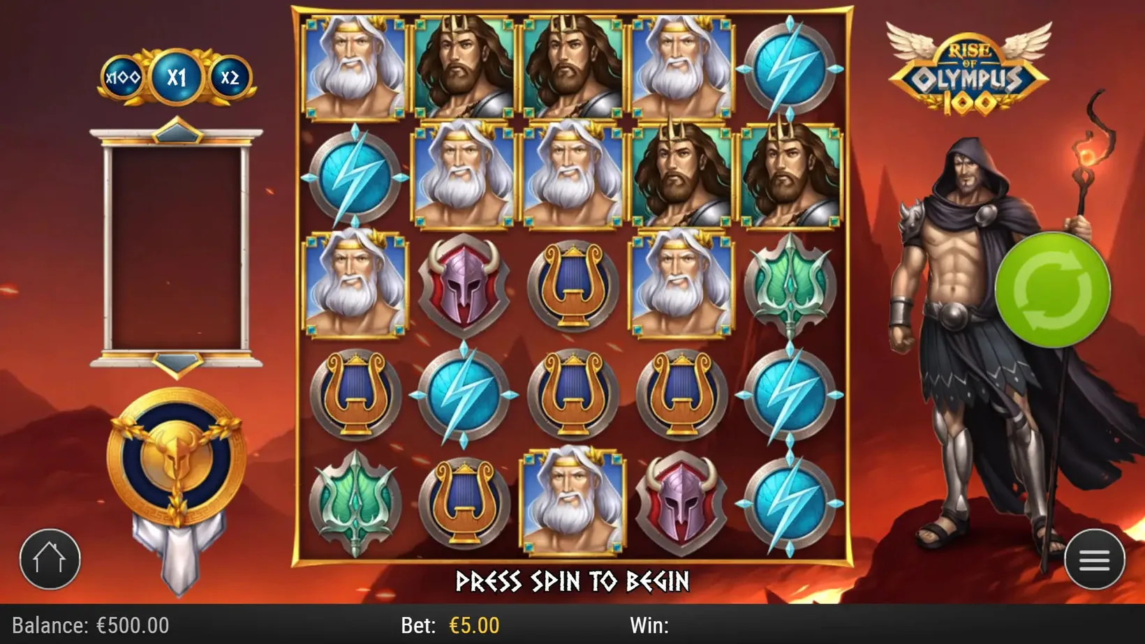 Rise of Olympus 100 five-by-five grid with the three gods above the board