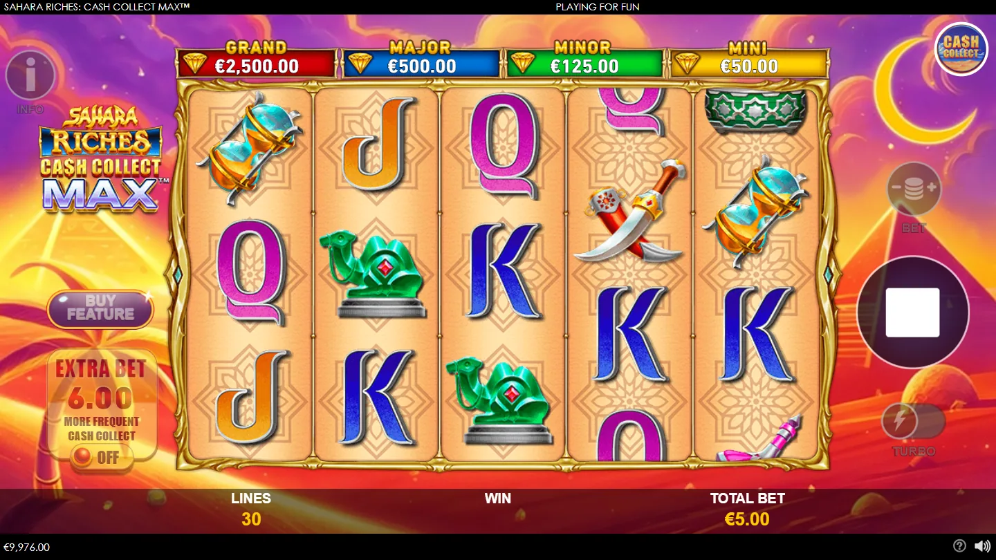 Sahara Riches Cash Collect Max base game at 30 lines with the GRAND, MAJOR, MINOR and MINI panels overhead and the Extra Bet toggle beside the reels