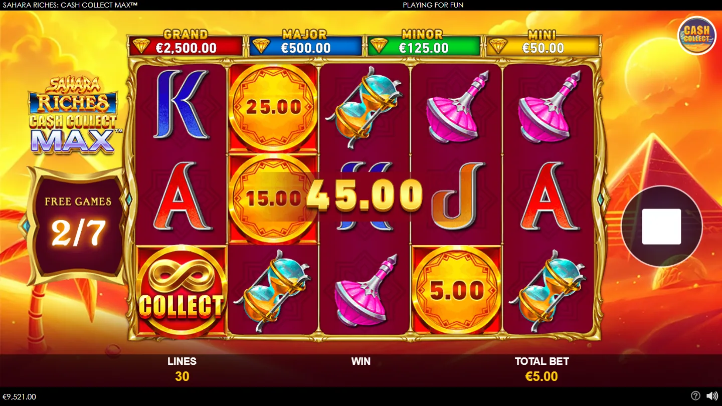 Free Games running at two of seven with a locked infinity collector on the first reel and cash discs paying forty-five