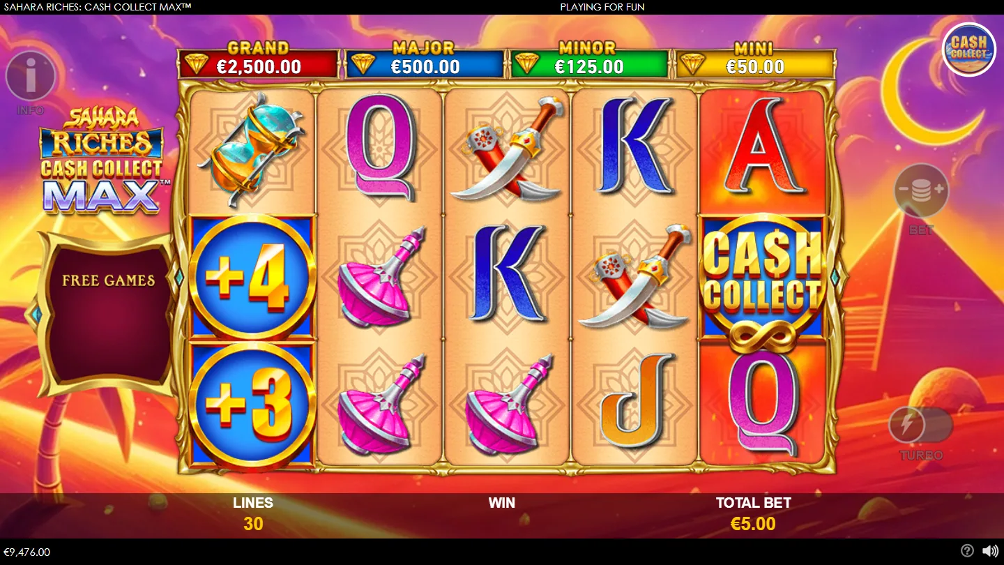 The Cash Collect badge on reel 5 sweeping two Free Games coins marked plus four and plus three on the first reel