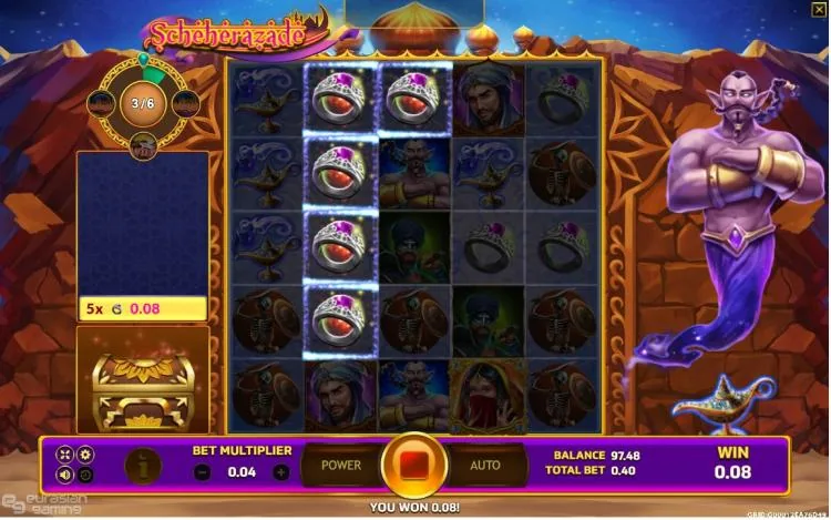 Scheherazade cluster win: five jewelled rings lit up on the grid with the rush counter at 3 of 6