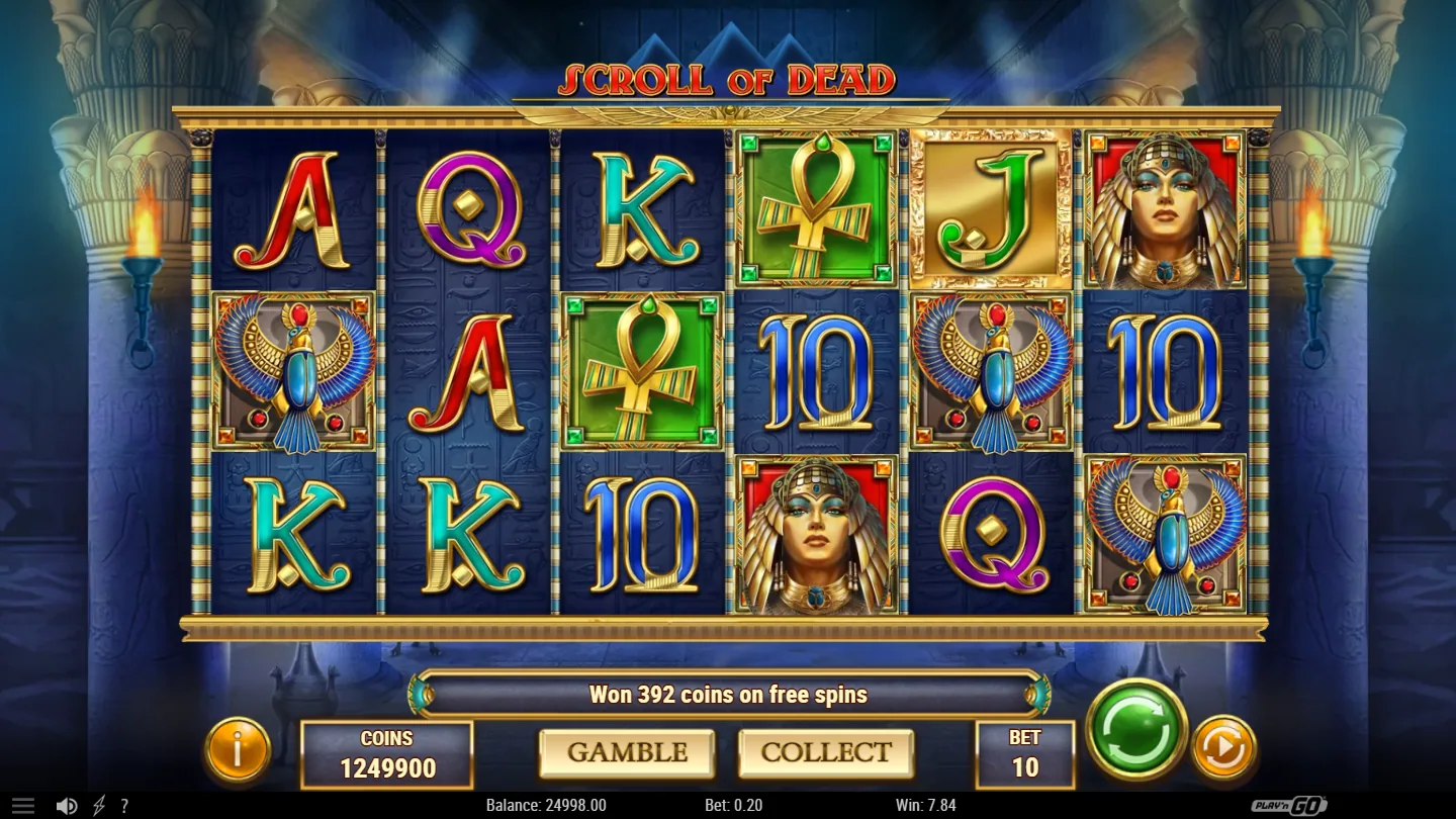 Scroll of Dead free spins with the sixth reel open and an expanding symbol filling four columns