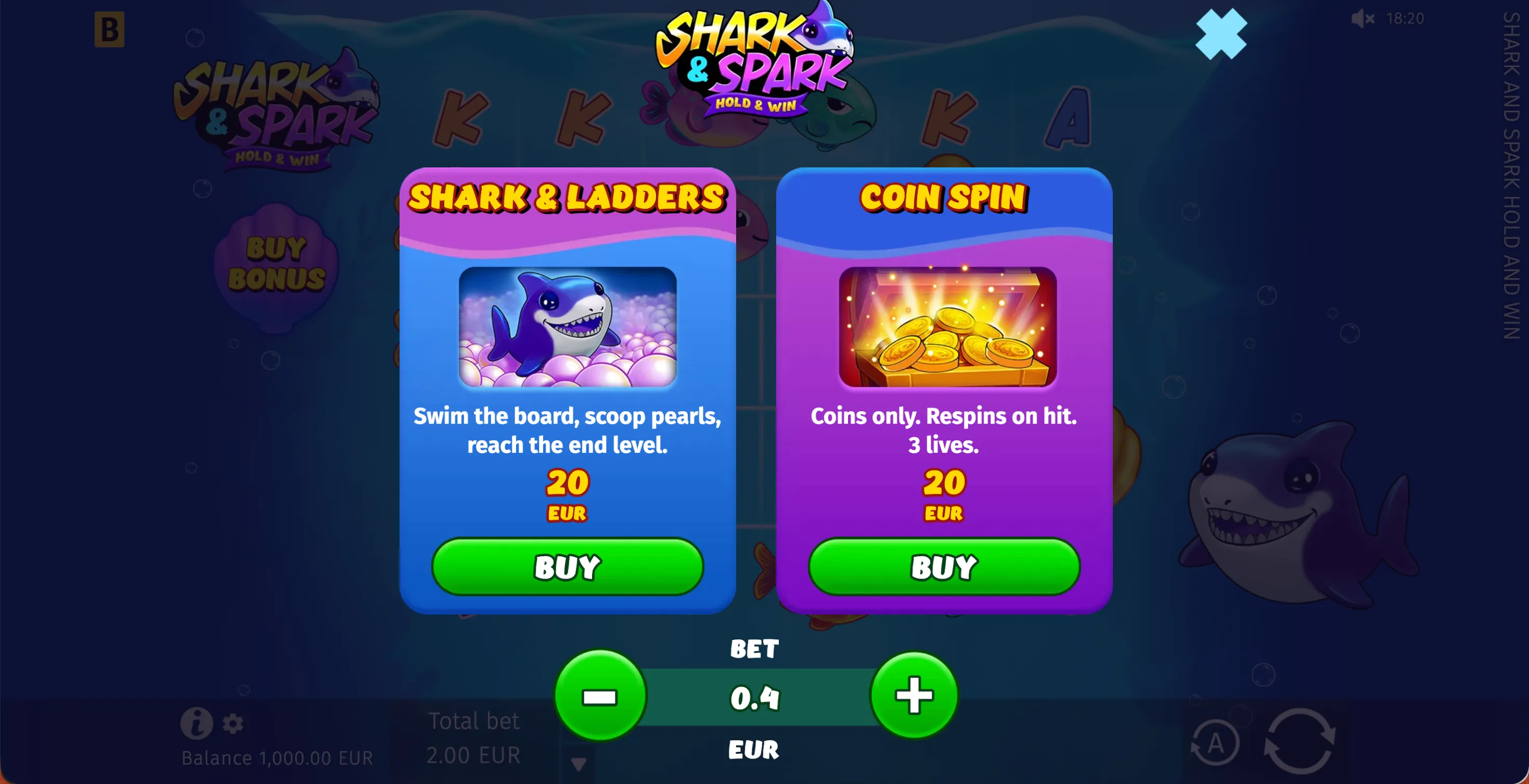 Shark and Spark Hold and Win underwater grid with golden shells and pink pearls