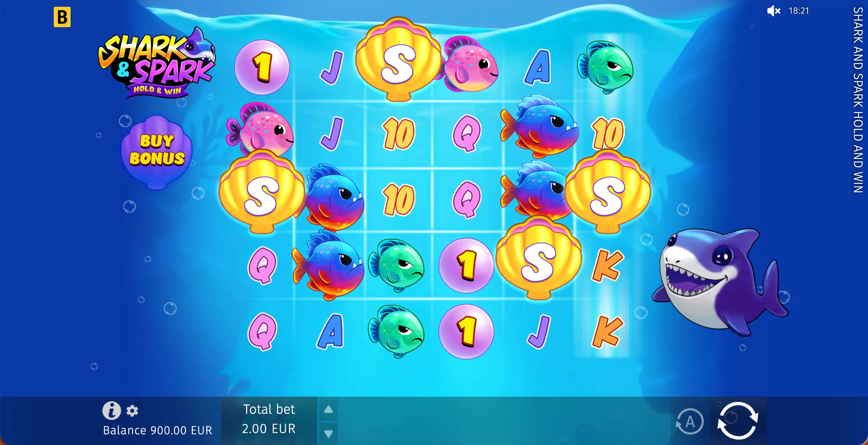Shark and Spark Hold and Win Coin Respin bonus with sticky coins filling the grid