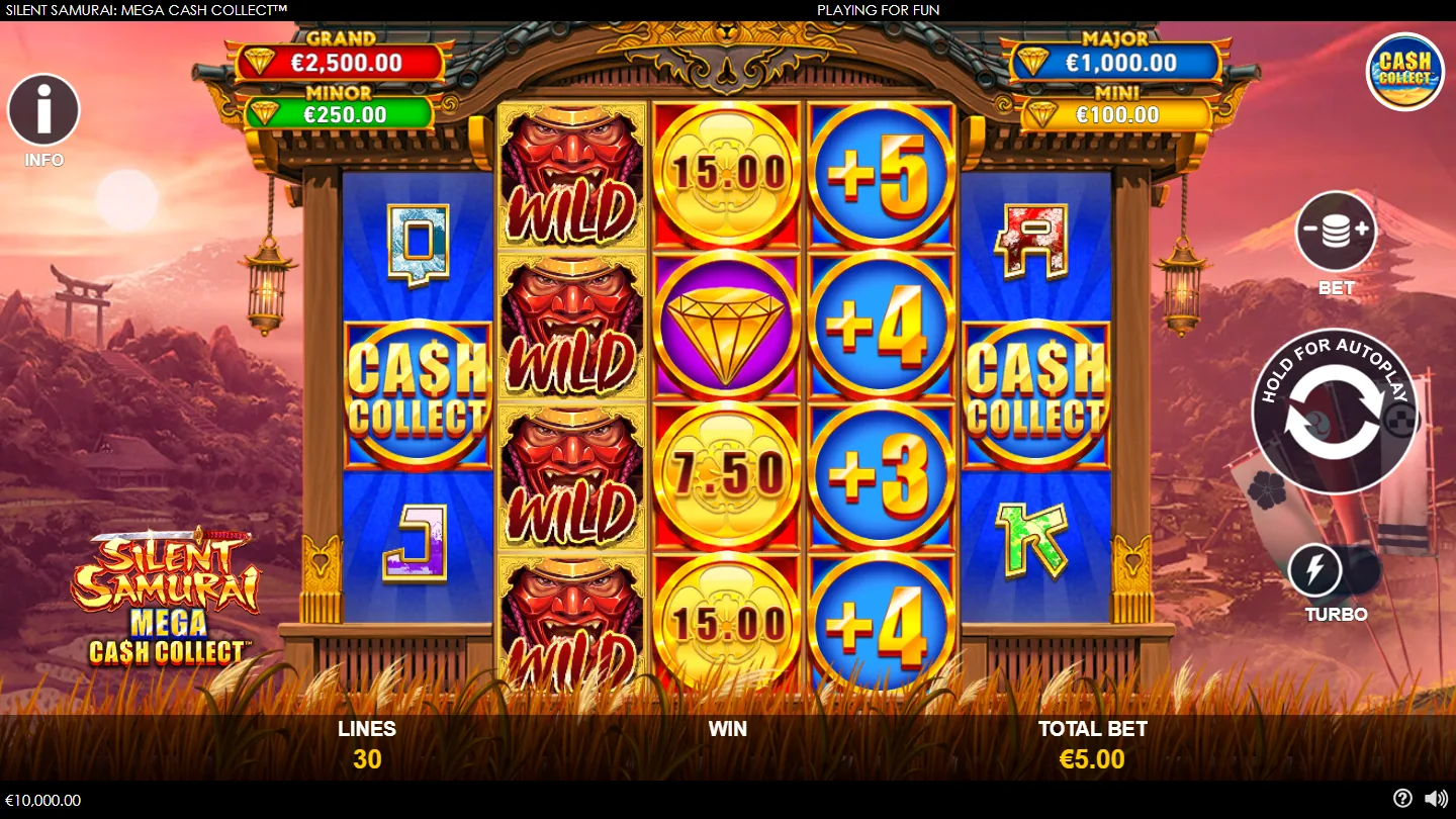 Silent Samurai base game grid at 30 lines with Cash Collect badges on the outer reels, a stack of samurai wilds, gold coins and the four prize panels overhead