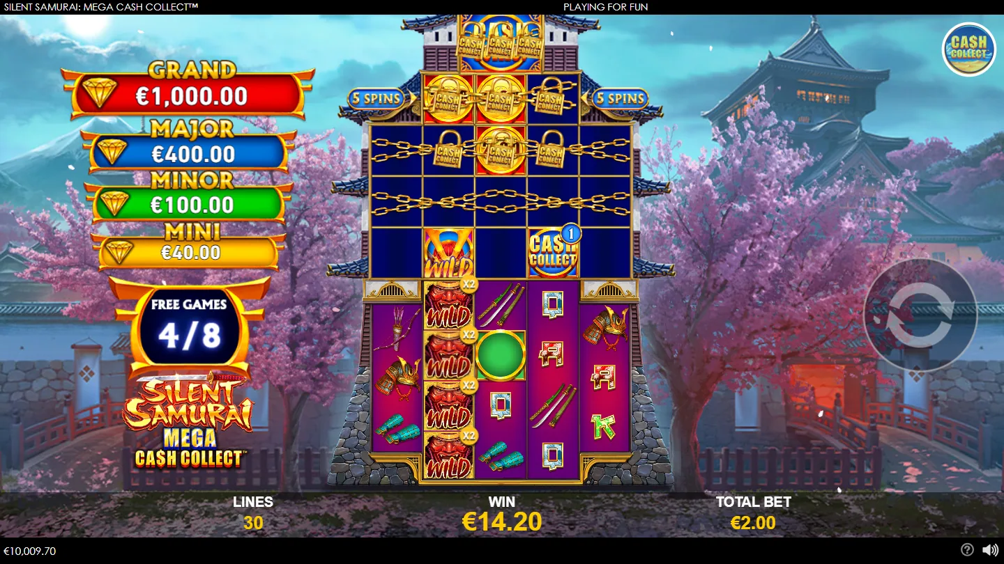 Free Games in progress with five chained rows above the main grid, a frozen collector, wild multipliers and the prize ladder down the left edge