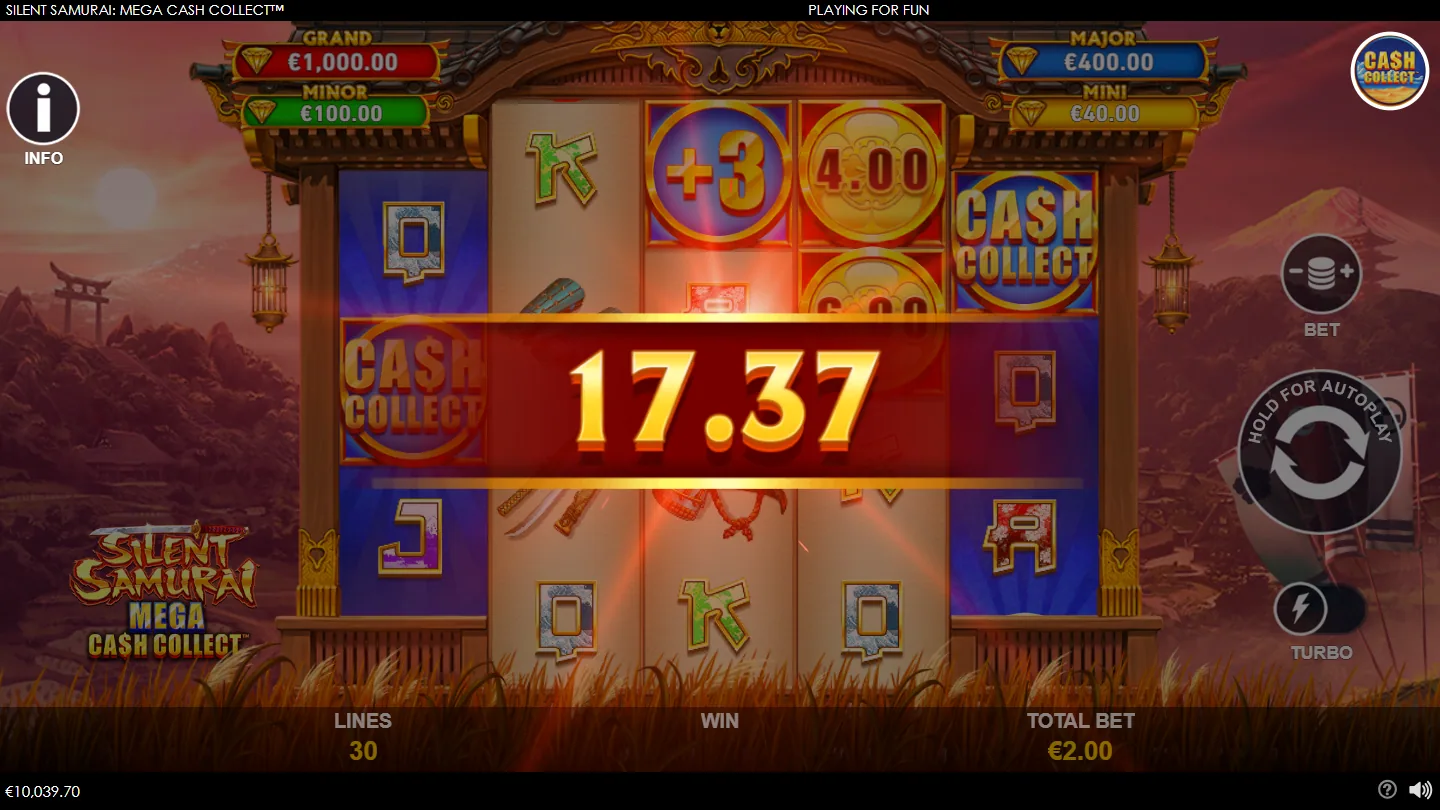 A base game Cash Collect win being paid out, with the collector badge on reel 1 and gold coins on the reels above