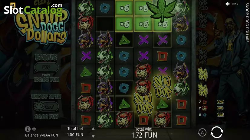Snoop Dogg Dollars cluster pays grid and West Coast graffiti theme
