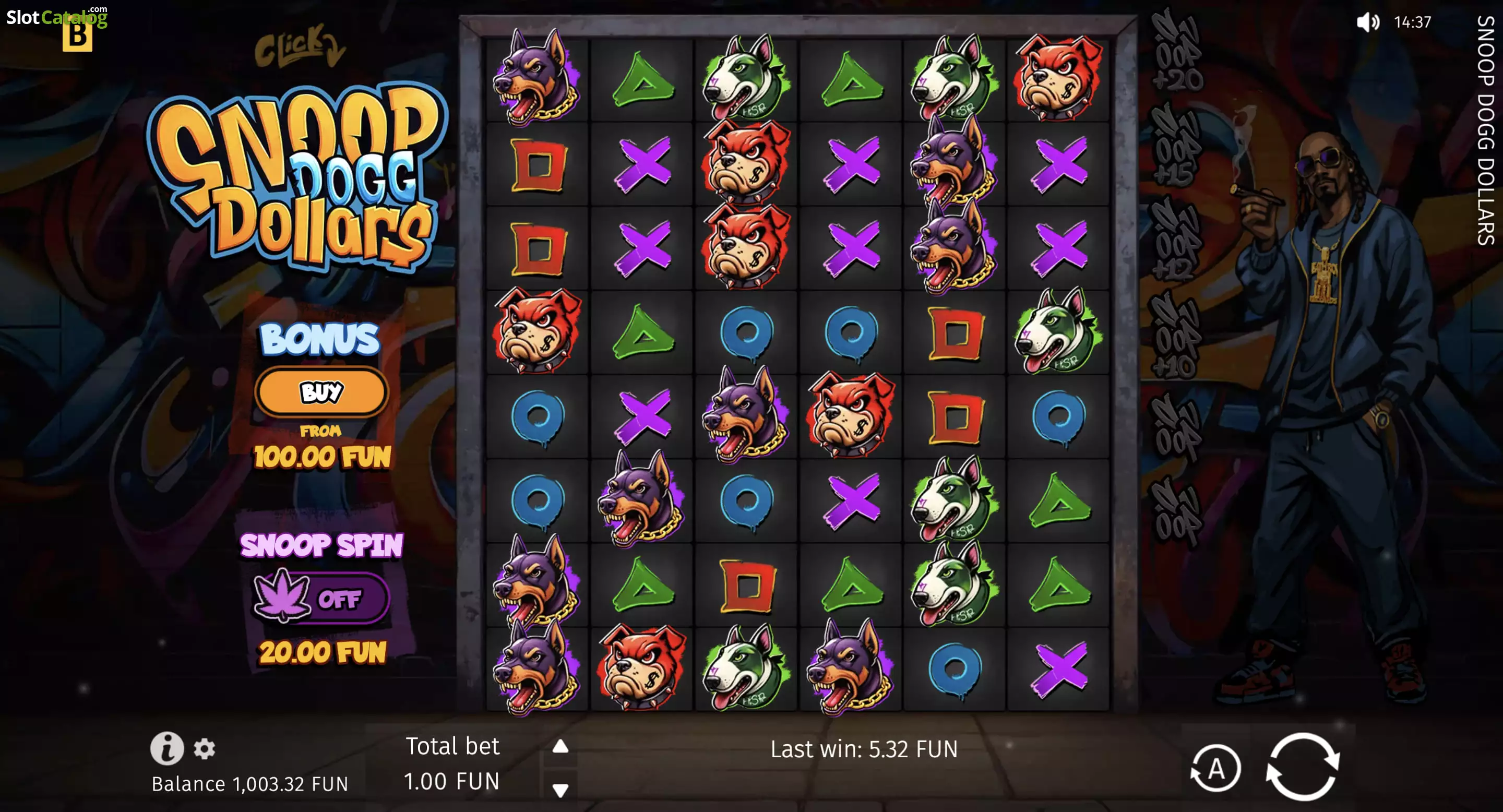 Snoop Dogg Dollars free spins bonus round with sticky wilds and cell multipliers