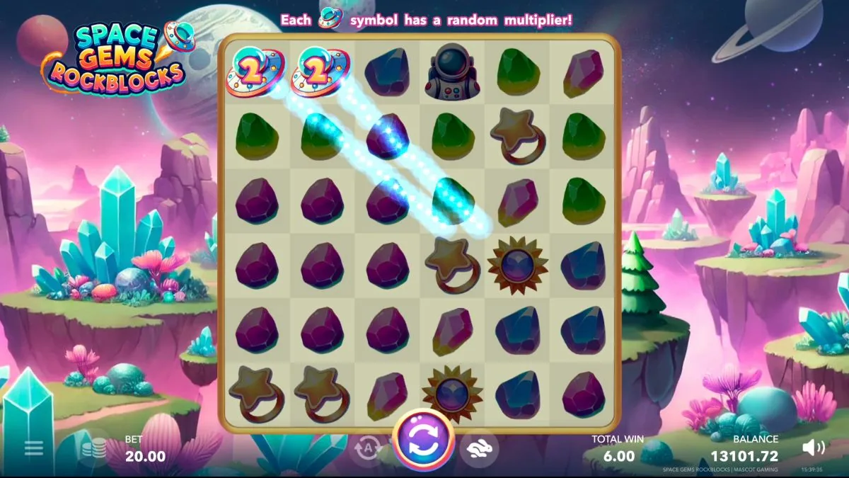 Space Gems Rockblocks UFO multiplier symbol landing on the grid