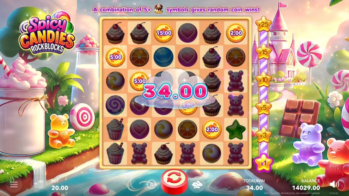 Spicy Candies Rockblocks coin cake prizes on the candy grid