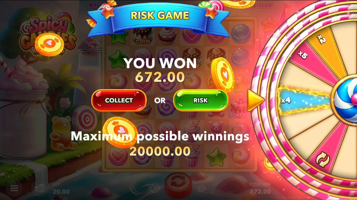 Spicy Candies Rockblocks Risk Wheel gamble screen with multiplier sectors