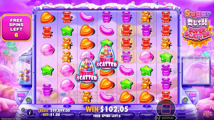 Free spins-läget i Sugar Rush Super Scatter med scattersymboler på rutnätet