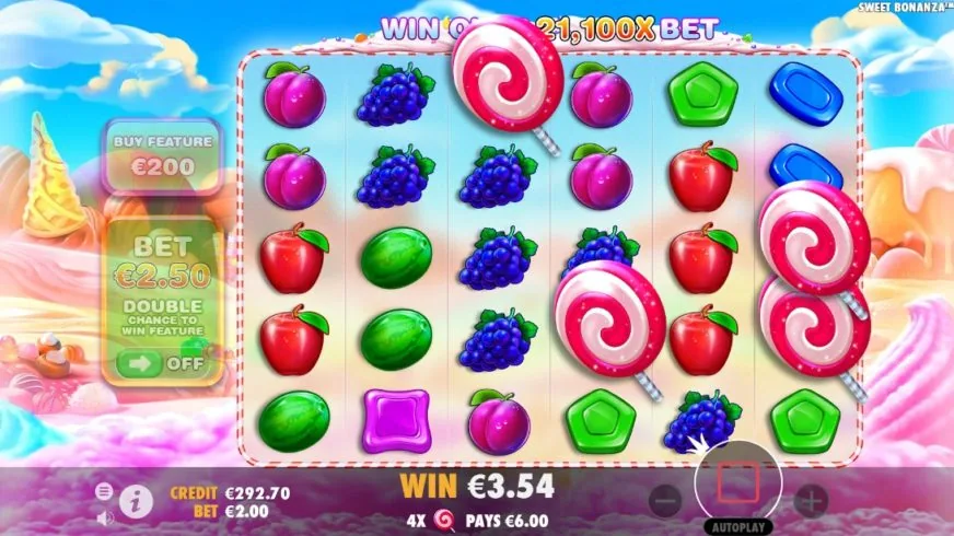 Sweet Bonanza candy grid with lollipop scatter symbols and the 21,100x banner