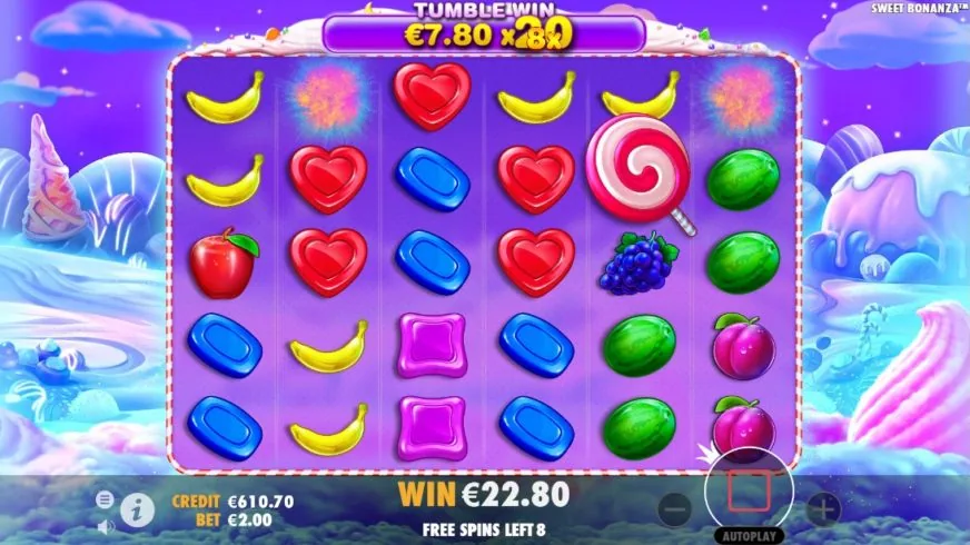 Sweet Bonanza free spins round with a tumble multiplier applied