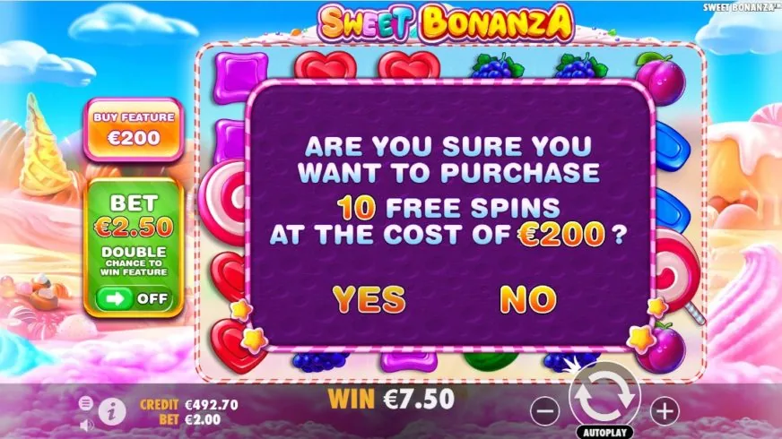 Sweet Bonanza buy feature purchase confirmation for 10 free spins