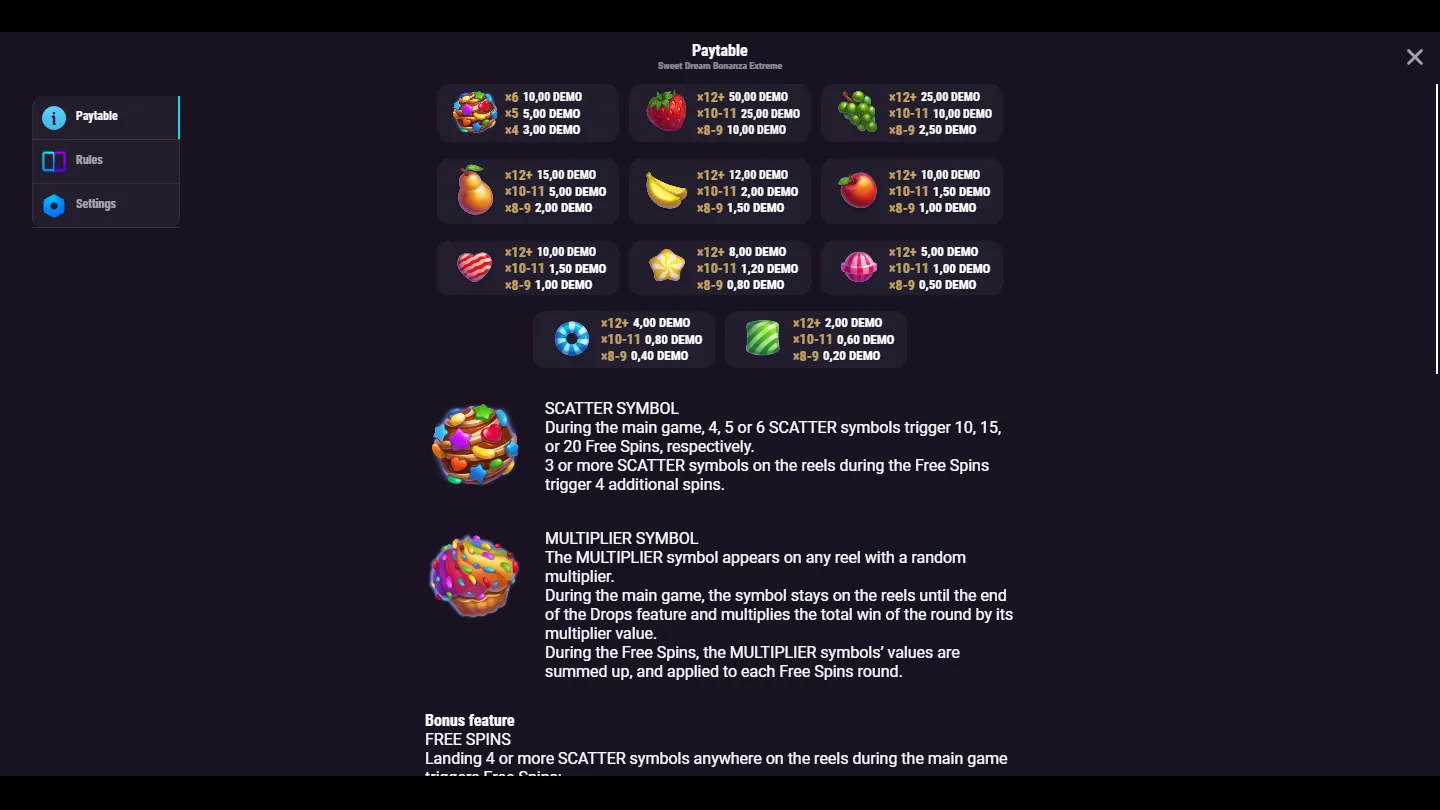 Sweet Dream Bonanza Extreme paytable screen listing every symbol value with the scatter and multiplier rules