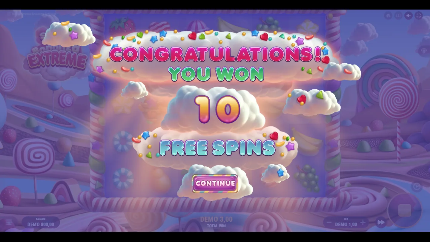 Sweet Dream Bonanza Extreme free spins trigger screen awarding 10 free spins