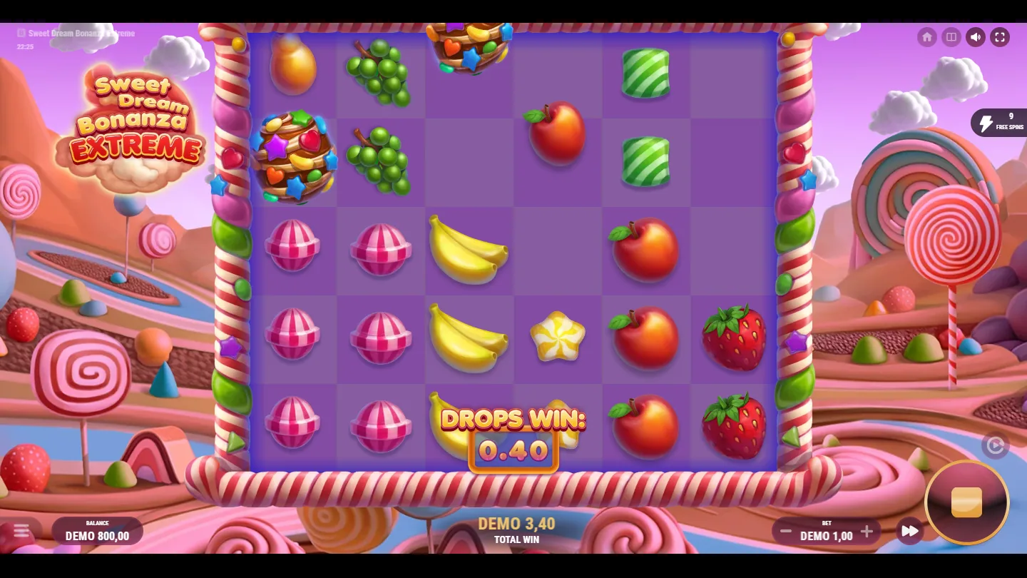 Sweet Dream Bonanza Extreme 6x5 grid over the lollipop landscape with a Drops win counting up