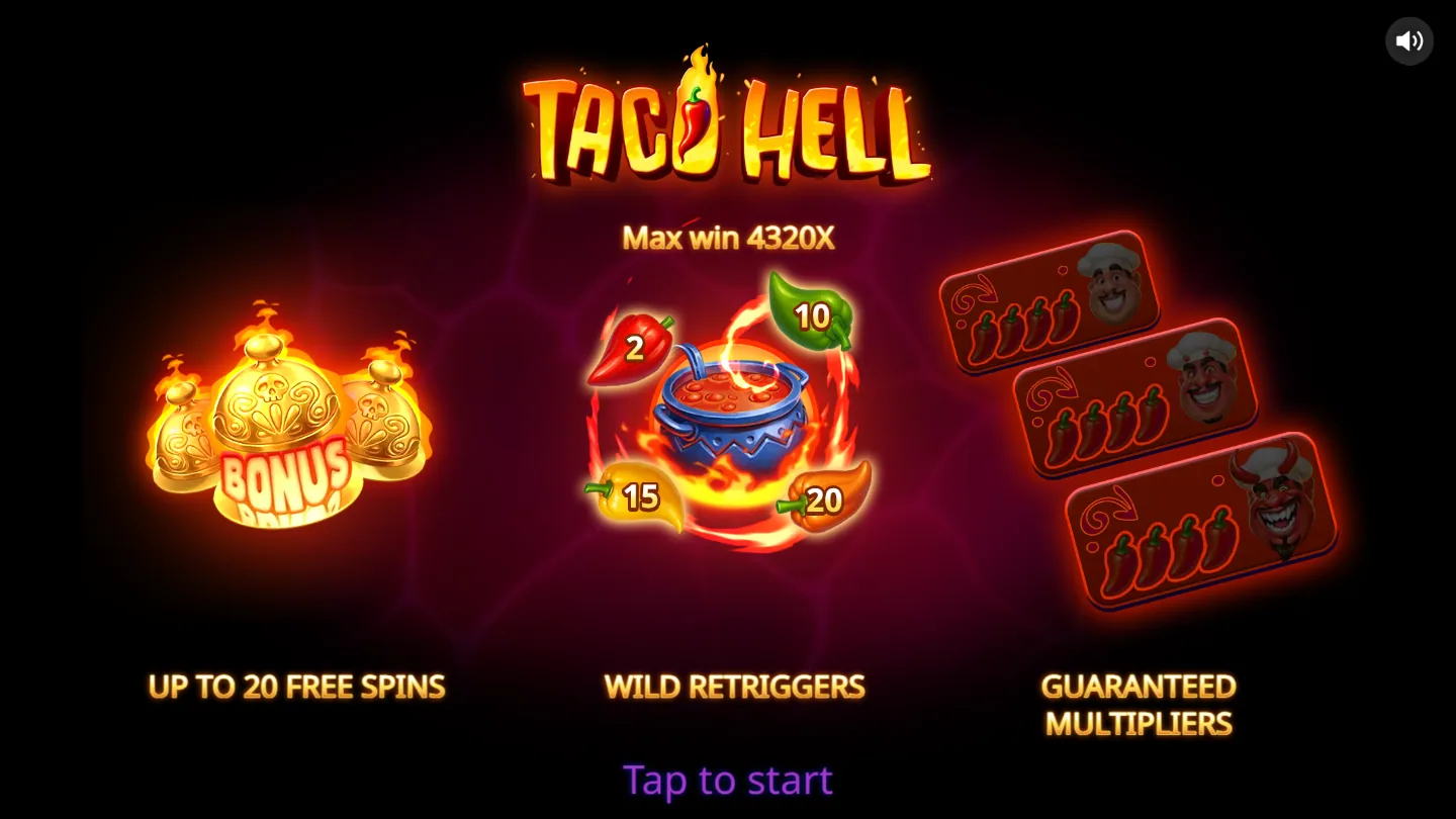 Taco Hell intro screen showing the 4,320x max win, up to 20 free spins, wild retriggers and guaranteed multipliers