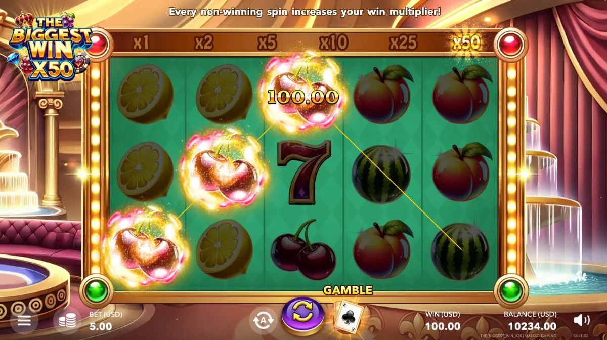 Three cherries paying 100.00 with the x50 multiplier applied in The Biggest Win x50