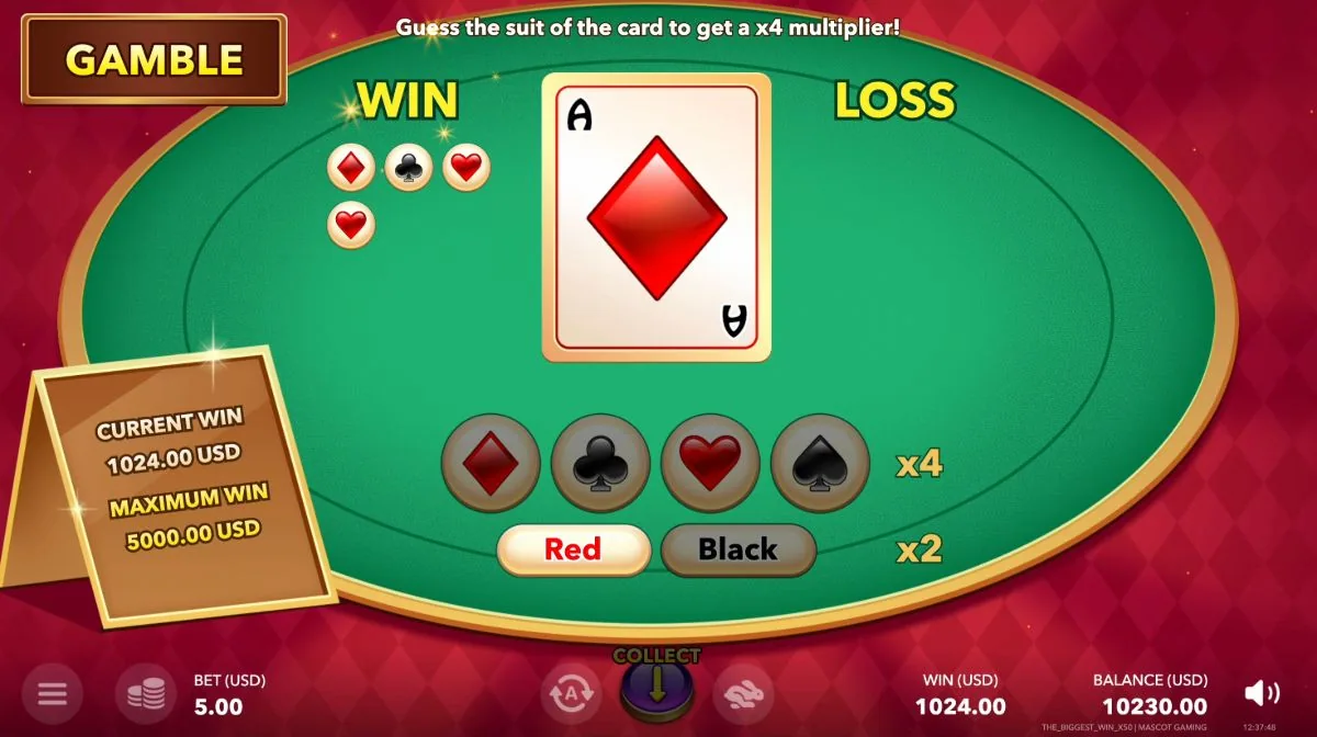 The Gamble card screen in The Biggest Win x50 with the Red or Black x2 and suit x4 options