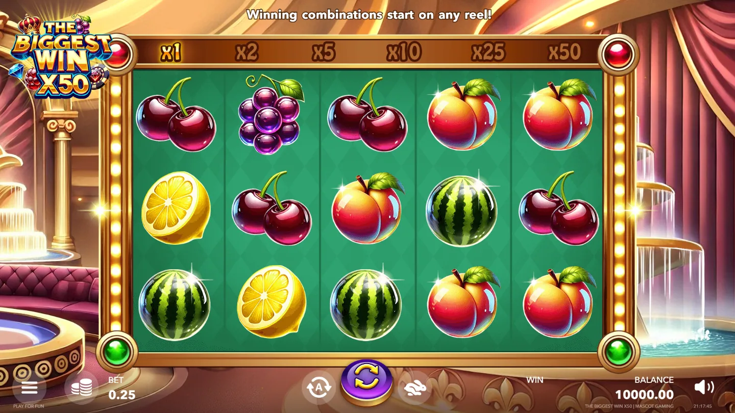 The Biggest Win x50 base game with the x1 to x50 multiplier ladder lit above the reels