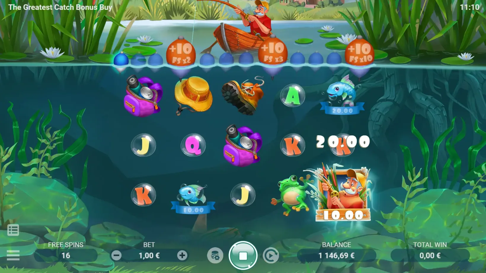 The Fishing feature in The Greatest Catch Bonus Buy with cash Fish on the reels and the buoy progress bar above the water