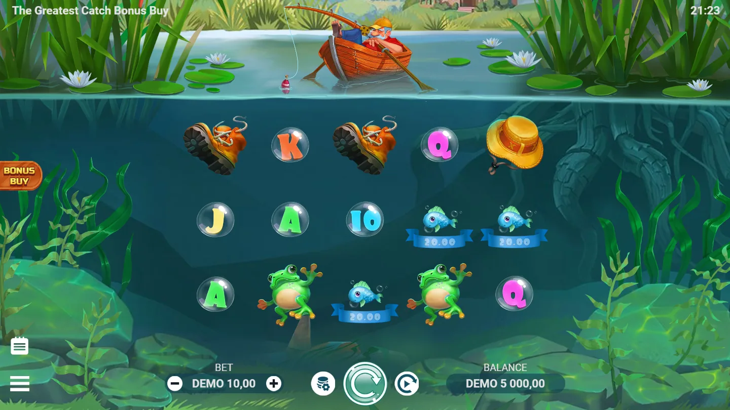 The Greatest Catch Bonus Buy reel grid over the pond with three cash-carrying Fish and the bonus buy tab at the side
