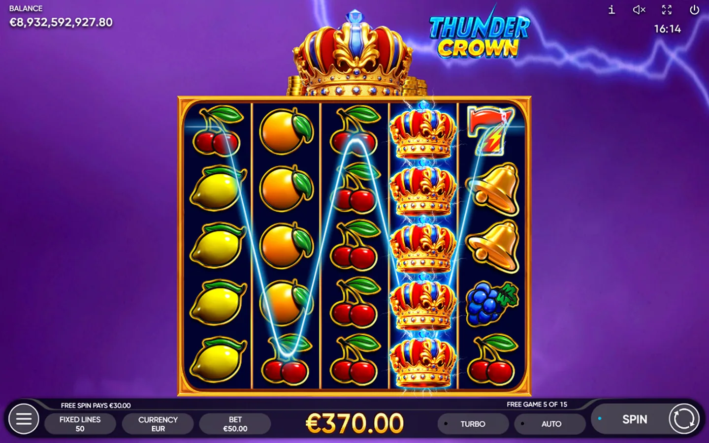 Thunder Crown Free Games with a stacked golden Crown wild on the middle reel