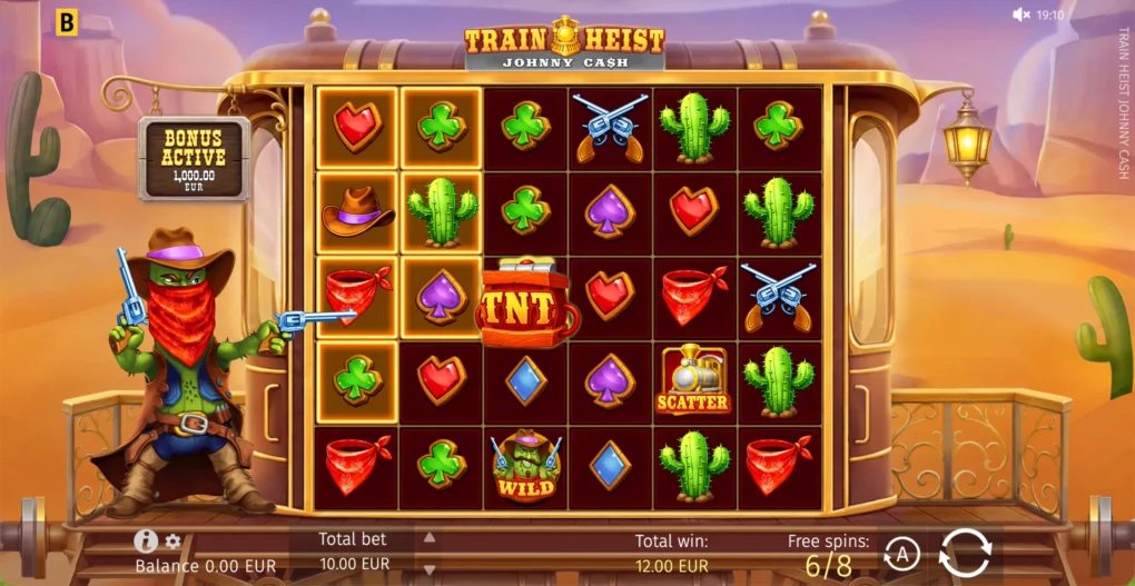 The 6x5 Train Heist Johnny Cash grid inside a freight car with a TNT crate, the Locomotive Scatter and the cactus outlaw on the running board