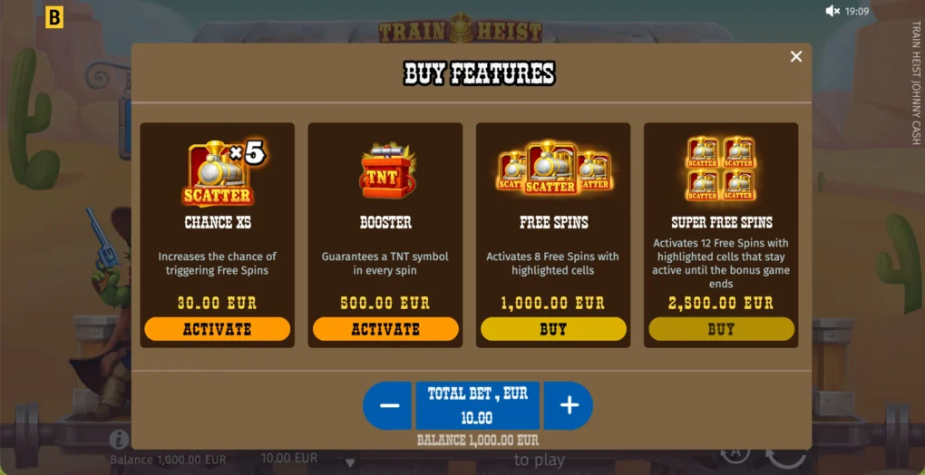 The Buy Features menu in Train Heist Johnny Cash showing Chance x5, Booster, Free Spins and Super Free Spins