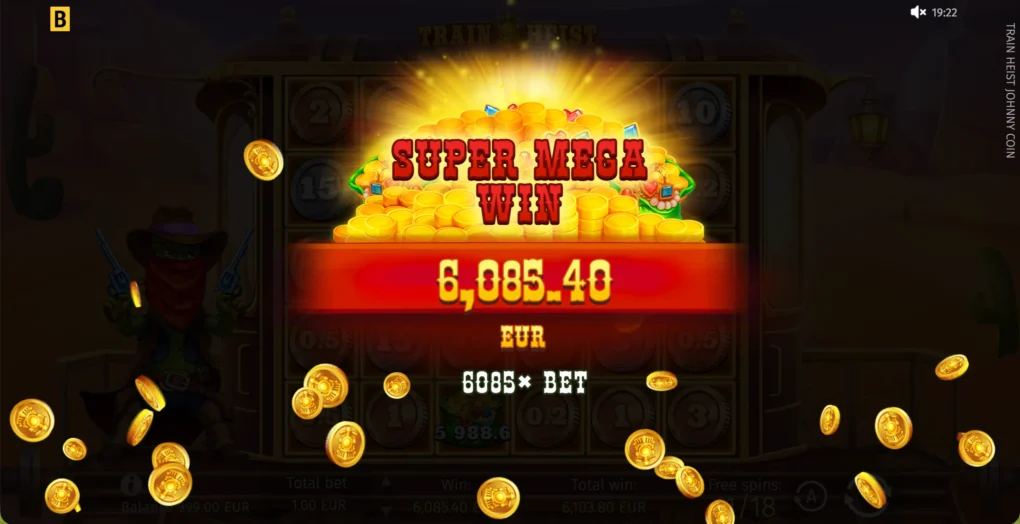 The Super Mega Win screen in Train Heist Johnny Cash paying 6,085x the bet as gold coins fill the carriage