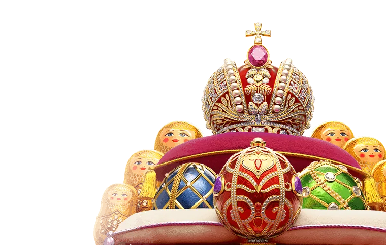 PGSoft key art for Tsar Treasures showing the imperial crown on red velvet with jewelled Faberge eggs and matryoshka dolls