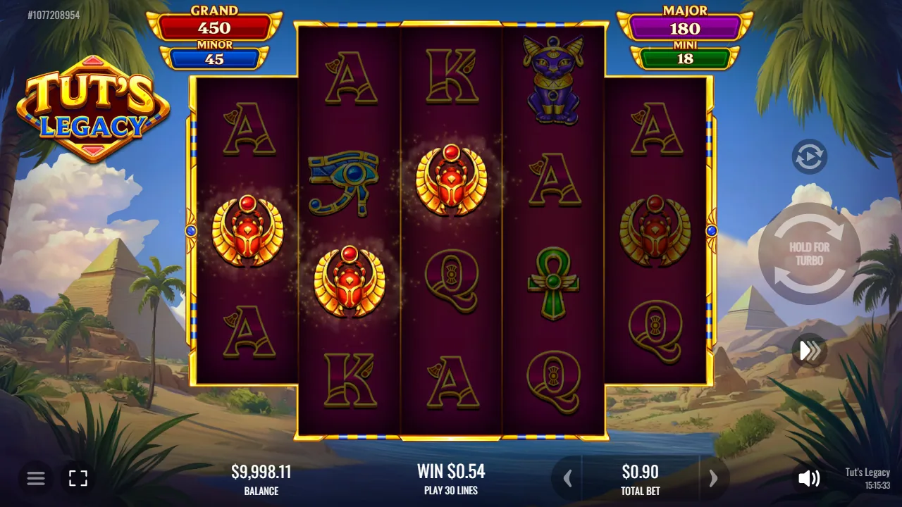 Staggered 3-4-4-4-3 grid with two scarabs paying and the jackpot panels above