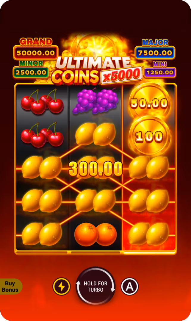 Ultimate Coins x5000: Hold and Win reels showing fruit symbols and glowing gold coins