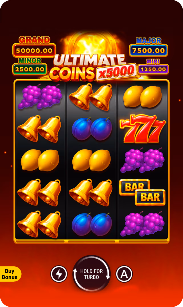 Ultimate Coins x5000: Hold and Win bonus round with locked gold coins and jackpot values