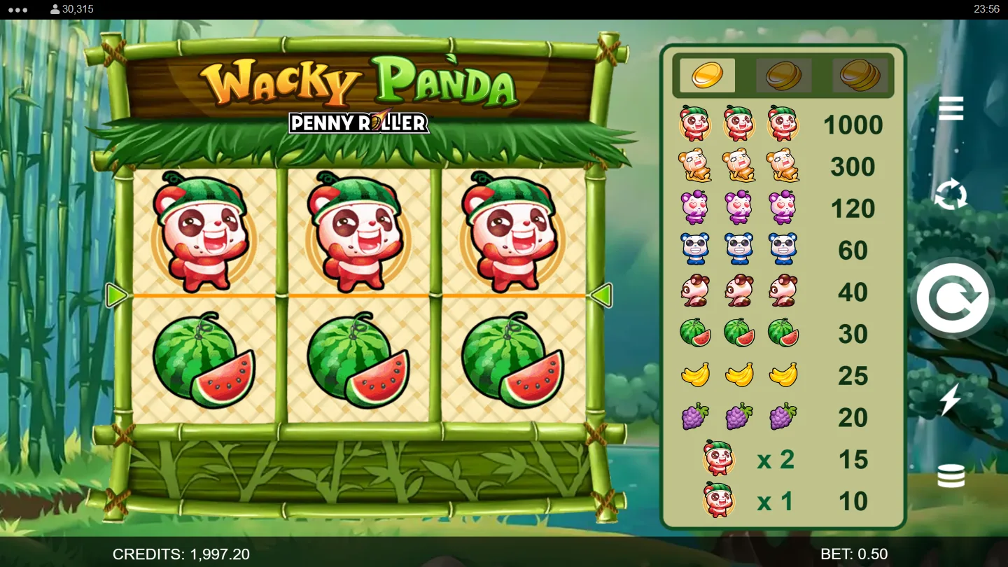The Wacky Panda cabinet with three reels of cartoon pandas and the paytable panel showing the one-coin column