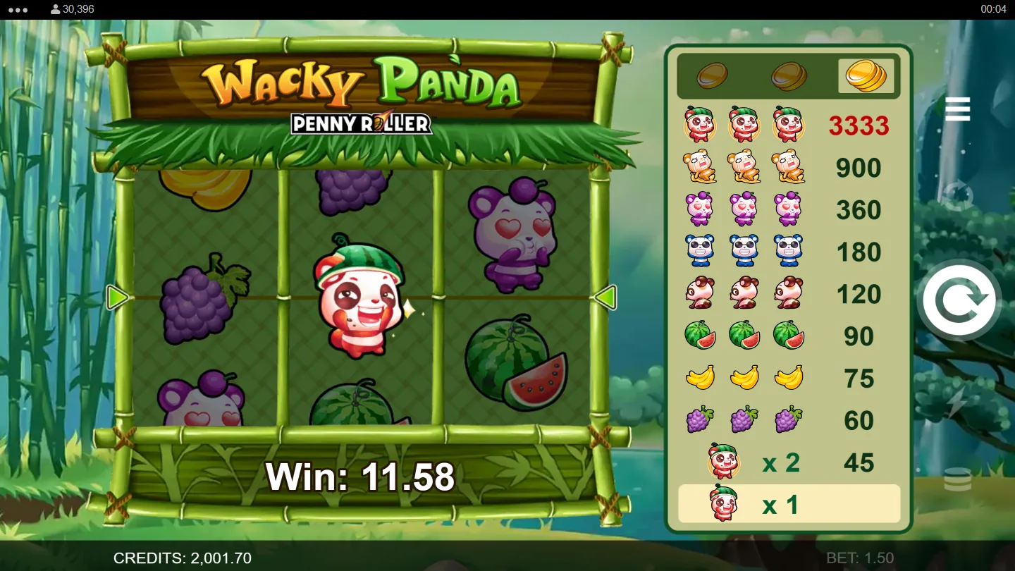 A red panda paying on the centre line of the three-reel cabinet with the win counter still running