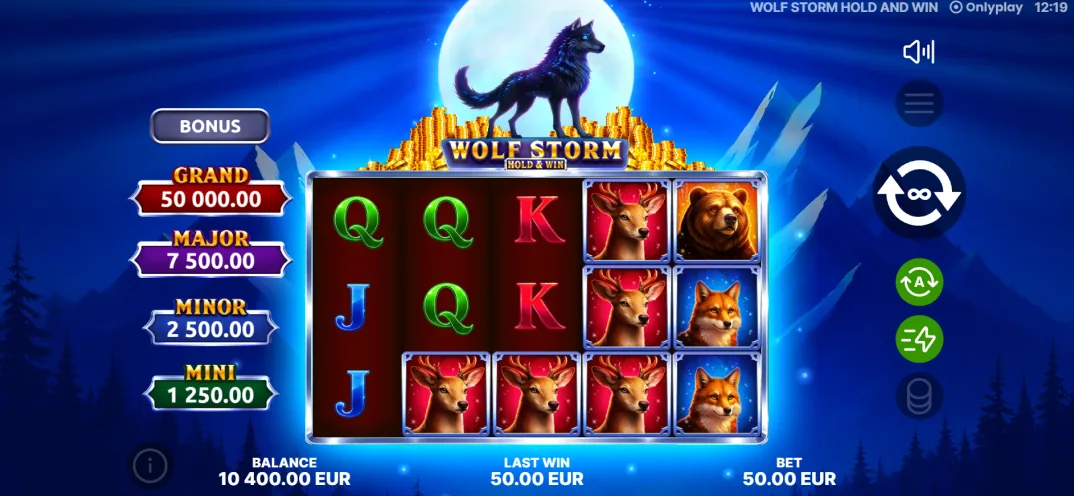 Wolf Storm Hold and Win base game grid with the jackpot ladder and animal symbols