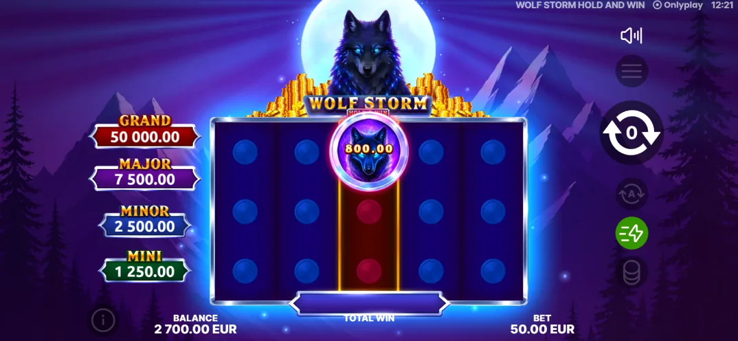 Wolf Storm Hold and Win coin respin round with a sticky Wolf holding a collected total