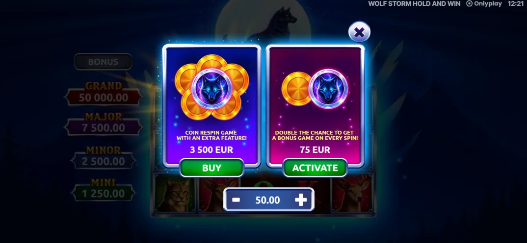 Wolf Storm Hold and Win feature purchase window with the Coin Respin Game and Double Chance prices